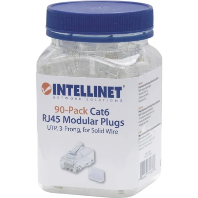 Afbeelding van Intellinet Kabel verpakking van 90 stuks Cat6 modulaire RJ45 stekkers UTP 3 voudige klem voor massieve draad in pot 790604 Krimpcontact
