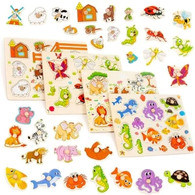 Afbeelding van The Twiddlers set van 4 felgekleurde houten puzzels Boerderij, Oceaan, Insecten en Jungle Dieren Perfecte speeltjes voor kleuters Helpt bij vroegtijdig leren intellectuele ontwikkeling.