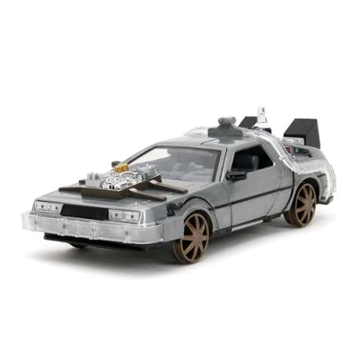 Afbeelding van Jada Toys Time Machine Back to The Future 3 1:24 metalen miniatuurauto deuren om te openen LED licht versie met bruine velgen 20 cm zilver