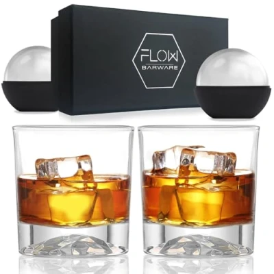 Afbeelding van FLOW Barware Mountain Base whiskyglazen, set van 2 verzwaarde whiskyglazen voor Scotch, Bourbon, gin, rum, zware 400 g