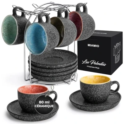 Afbeelding van MIAMIO Stapelbare keramische espressokopjes van 80 ml met schotels en metalen standaard, set 6 espressokopjes, halve kop latte Las Palmitas collectie