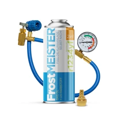 Afbeelding van FrostMEISTER 2 in 1 navulset voor auto airconditioning, 400 ml, met slang manometer en adapter, snelle eenvoudige vervanging van koelmiddel R1234YF (vanaf 2017)
