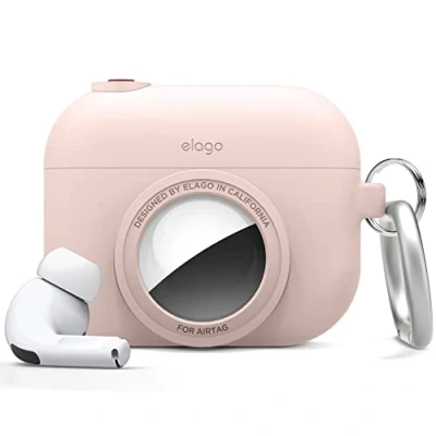 Afbeelding van elago Instant beschermhoes compatibel met AirPods Pro, AirTag, klassiek camera design, sleutelhanger inbegrepen [tracking apparaat niet inbegrepen] (zandroze)