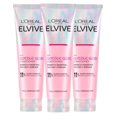 Image de L&#039;Oréal Paris Elvive Glycolic Gloss Baume à l&#039;acide glycolique pour cheveux éteints et poreux éclat intense durable 3 flacons de 150 ml