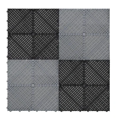 Afbeelding van Modulaire geventileerde kliktegels 120 zwart en grijs 6m x 6m, polypropyleen, antislip, weerbestendig, 5 ton per tegel, inclusief randen, ideaal voor dubbele garage of werkplaatsen.