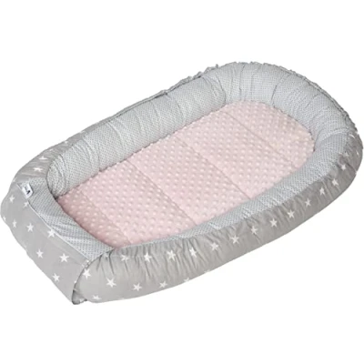 Afbeelding van Medi Partners Babybedverkleiner, cocon, 100 x 60 15 cm, 100% katoen, babynest voor pasgeborenen, kussen, deken, afneembaar inzetstuk (sterren met lichtroze, minky)