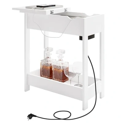 Afbeelding van EUGAD Bijzettafel, nachtkastje met stopcontact, salontafel, kleine consoletafel, opvouwbaar tafelblad, 3 planken, voor woonkamer, slaapkamer, keuken, wit, 0001CHJ