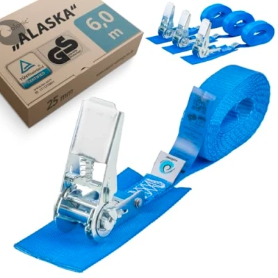 Afbeelding van valonic ALASKA, 4 x 6 m sjorriem met ratel, 25 mm, 800 kg, gevoerd, TÜV Rheinl / GS, en 12195 2 spanbanden voor motorfiets aanhanger, blauw