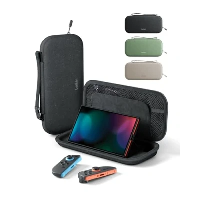 Afbeelding van Belkin Gaming Pochette de transport pour Nintendo Switch 2 (compartiments AirTag et cartes jeux, étui léger portable avec coque protection revêtement intérieur doux au toucher, gris)