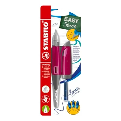Afbeelding van Stabilo Easy Birdy, ergonomische vulpen voor rechtshandigen met veer, beginners. Kleur: framboos/roze enkelvoudige pen cartridge en instelgereedschap inktkleur: blauw (uitwisbaar).