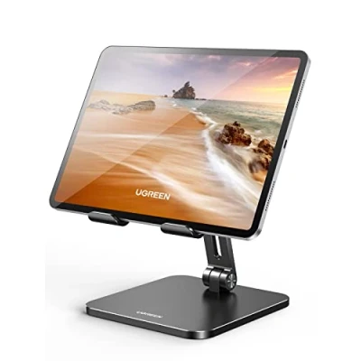 Afbeelding van UGREEN Tabletstandaard, verstelbaar, tablethouder, opvouwbaar, van aluminium, compatibel met iPhone 15 Plus Pro Max iPad 12,9 10,9 Air 2022 Mini Galaxy Tab A8 (zwart)