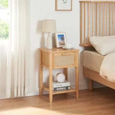Afbeelding van Nachtkastje Leirfjord 60x40x35 cm naturel en rotan look [en.casa]