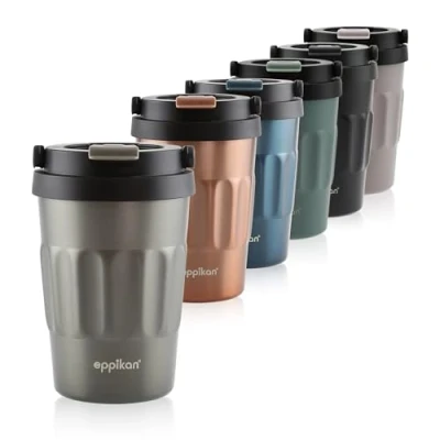 Afbeelding van Roestvrijstalen thermosbeker met inklapbare draaggreep, lekvrije koffie to go beker voor en thee, 400 ml, elektrisch bruin
