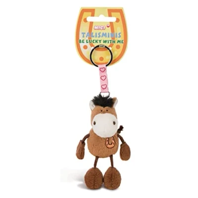 Afbeelding van NICI Paardensleutelhanger 7 cm bruin knuffelige dierenhanger met sleutelhanger voor sleutelkoord, en bedel gelukstas boodschap