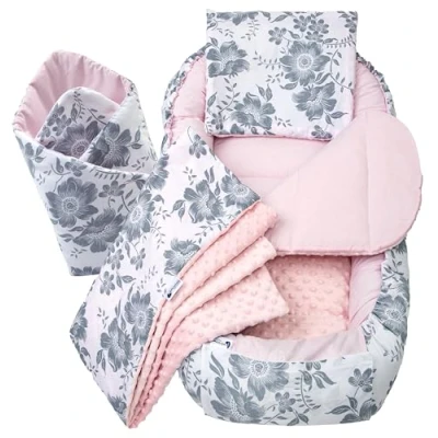 Afbeelding van Medi Partners Babybedverkleiner, cocon, 100 x 60 15 cm, 100% katoen, babynest voor pasgeborenen, kussen, deken, afneembaar inzetstuk (Berry met roze minky)