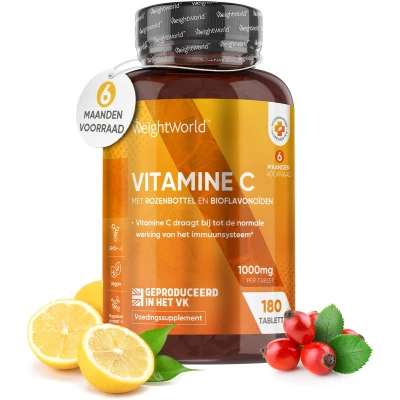 Afbeelding van WeightWorld Vitamine C 1000 mg 180 tabletten voor 6 maanden Met rozenbottel en bioflavonoïden