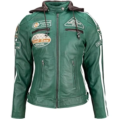 Image de Urban Leather Veste de moto en cuir pour femme &#039;58 Ladies &#039;, vert foncé, taille S