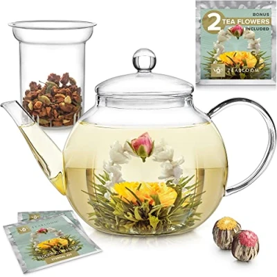 Afbeelding van Teabloom theepot van glas, geschikt voor fornuis en magnetron, met afneembare theezeef losse thee, inclusief 2 theesoorten, 1,2 liter theeketel