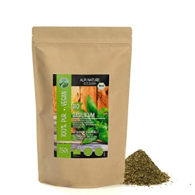 Afbeelding van Gedroogde biologische basilicum (250 g), ingewreven, voorzichtig gedroogd, van gecontroleerde teelt, glutenvrij, lactosevrij, laboratoriumgetest