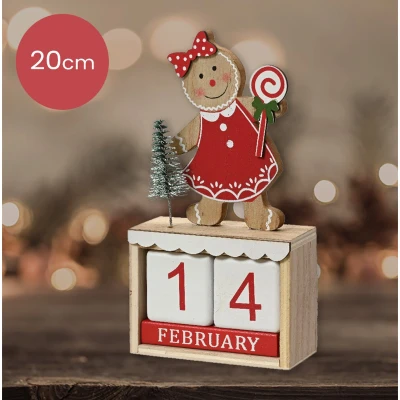 Afbeelding van Houten Kerst adventskalender met gingerbread vrouwtje en witte blokken 20 cm