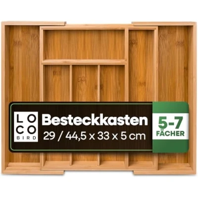 Afbeelding van Loco Bird Bestekbak van bamboe, tot 7 vakken, bestekorganizer voor keuken, besteklade keuken