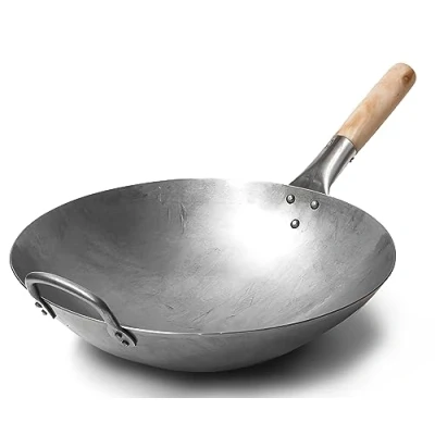 Afbeelding van Craft wok 14 inch Traditionele, met de hand gehamerde, koolstofstalen pow houten en stalen hulphandvat (diameter 35,6 cm, ronde bodem)/731W88