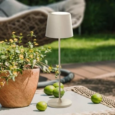 Afbeelding van Lightbox Led tafellamp voor binnen en buiten, 37 cm hoog, diameter 10 cm, beige, met touch dimmer, mobiel, draadloos, draagbaar, USB oplaadbaar, batterij