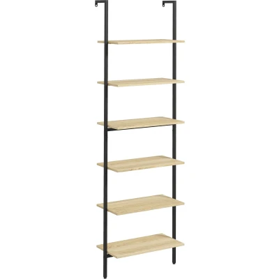Afbeelding van HOMCOM Ladderplank, wandrek, boekenkast, opbergrek, industriële stijl, 6 planken, staal, zwart, natuurlijke houtlook, afmetingen: 60 x 30 206 cm