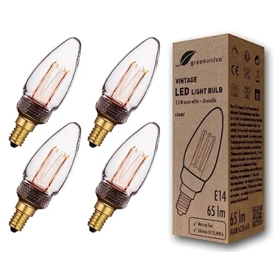 Afbeelding van greenandco Set van 4 dimbare E14 C35 LED lampen, 2,3 W, 65 lm, 1800 K, warmwit, 320 graden, 230 V, flikkervrij, voor sfeerverlichting