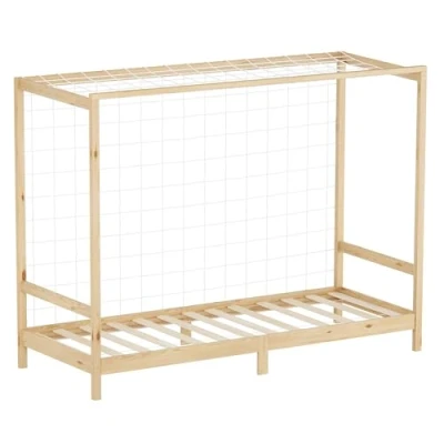 Afbeelding van Kinderbed voetbaldoel 90x200 cm naturel eenpersoonsbed voor kinderen houten bed met lattenbodem &amp; doelnet ML design