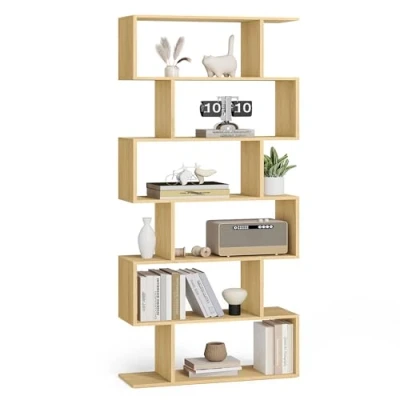 Afbeelding van VASAGLE Boekenkast, rek met 6 niveaus, vrijstaande plank, bureauplank, vrijstaand, decoratieve presentatie, modern, voor woonkamer, slaapkamer, natuurlijk eiken LBC061T70