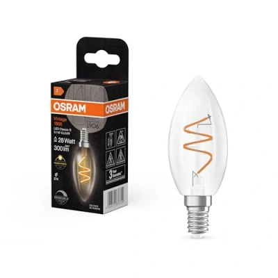 Afbeelding van OSRAM Vintage 1906 Classic is een warmwitte mini kaars met spiraalfilament, 3,1 W, 300 lm, E14, helder glas, diameter 35 mm, 2700 K.