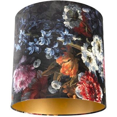 Afbeelding van QAZQA Velours lampenkap bloemen dessin 404040 gouden binnenkant