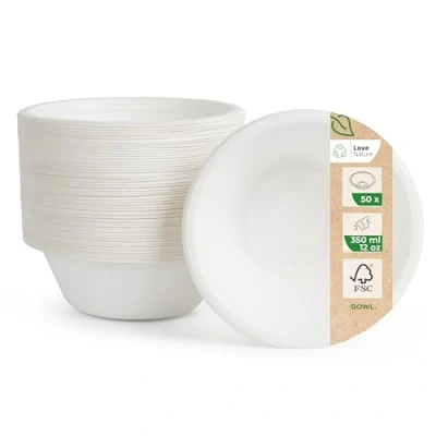Afbeelding van Love Nature Ecologisch wegwerp soepkom 50 stuks wegwerpservies suikerriet kommen eenmalig soepkommen (350 ml)