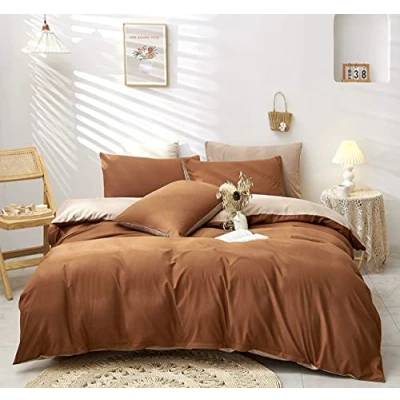 Afbeelding van Damier Beddengoed, 200 x cm, karamel, bruin, beige, superzachte microvezel, 3 delige set met dekbedovertrek en 2 kussenslopen 80 cm