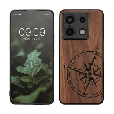 Afbeelding van kwmobile telefoonhoesje geschikt voorXiaomi Redmi Note 13 Pro 5G / Poco X6 Hoesje met bumper hout In donkerbruin Vintage Kompas design