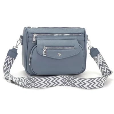 Afbeelding van YISUOHOOM Sac à bandoulière pour femme Taille moyenne 5 poches 7 compartiments, bleu clair