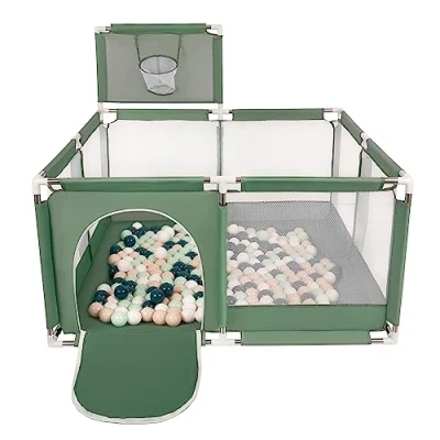 Afbeelding van Selonis Kinderbox met Mand en 400 Ballen, Groen:Donker Turquoise/Pastel Beige/Wit/Mint