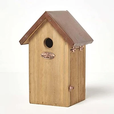 Afbeelding van Homescapes Vogelhuisje van echt hout met koperen dak Pimpelmees