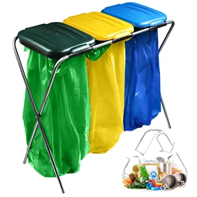 Afbeelding van KADAX Drievoudige vuilniszakhouder met kunststof deksel voor 120 liter vuilniszakken (groen/geel/blauw)