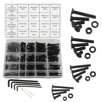 Afbeelding van huruirui 500 stuks verzonken bouten en moeren met platte kop zeskant M3 M4 M5 M6 assortiment zwarte schroeven sluitringen, sluitset zeskantschroeven voor schroefdraadmachine