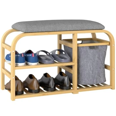 Afbeelding van HOMCOM Schoenenbank van bamboe, schoenenkast met zitkussen, 2 lattenplanken en stoffen mand, entreebank voor hal, slaapkamer, 70 x 30 45 cm, natuurlijk hout