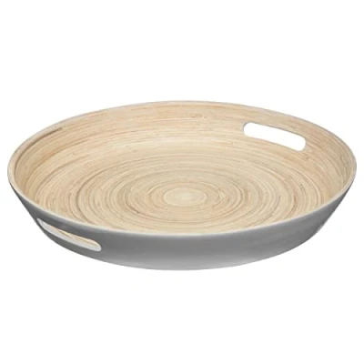 Afbeelding van Dienblad/serveerblad rond D42 cm bamboe grijs met handvaten Serveerbladen, dienbladen &amp; keukenbenodigdheden