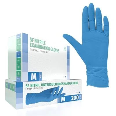 Afbeelding van SF Medical Products GmbH Nitril handschoenen, doos met 200 stuks (M, blauw) wegwerphandschoenen, poedervrij, latexvrij, niet steriel, medisch, tatoeage, wegwerphandschoenen
