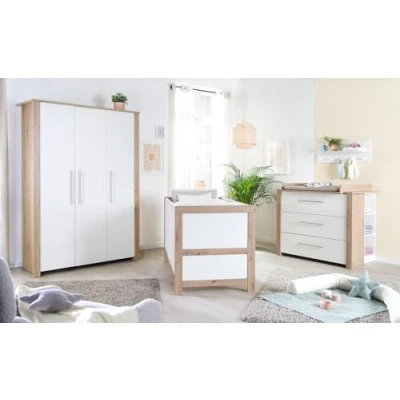 Afbeelding van roba Malo 3 delige set voor kinderkamer ledikant 70 x 140 cm + commode kast met deuren wit gelakt hout houten decor eiken ambachtelijk
