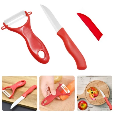 Afbeelding van Cheqo® Keramische Schilmessen Set 17cm Dunschiller Rood Keramisch Mes 2 delige Ergonomische Handgreep RVS Vaatwasserbestendig Inclusief Beschermhoesje Veilig Schilmes Roestbestendig Aardappelschiller