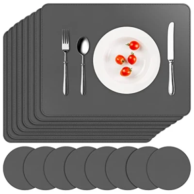 Afbeelding van APLKER set van 16 wasbare onderleggers, 8 placemats en onderzetters, pvc, antislip, waterdicht, hittebestendig, 41 x 31 cm, donkergrijs