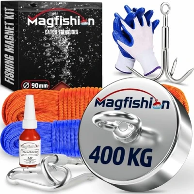 Afbeelding van Magfishion Magneetvissen MEGA Set 400 KG Vismagneet 2x Touw + Karabijnhaak met Schroefsluiting Dreghaak Handschoenen Borgmiddel Magneet Vissen Outdoor Kinderen