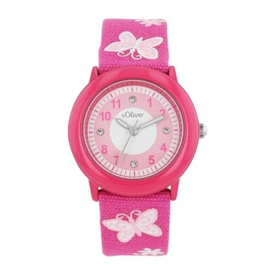 Afbeelding van s.Oliver Analoog kwartshorloge voor kinderen, met nylon/textielband, zilver, waterdicht tot 3 bar, in geschenkdoos, roze vlinder, Armband