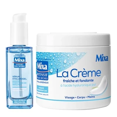 Afbeelding van Mixa Expert Gevoelige Huid Routine Set met 2 producten zuiver hyaluronzuur Hyalurogel Serum 30 ml + Fresh &amp; Fondant Cream 400 gezicht en lichaam 24 uur hydratatie hypoallergeen